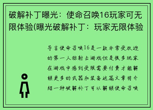 破解补丁曝光：使命召唤16玩家可无限体验(曝光破解补丁：玩家无限体验使命召唤16，续写全新篇章！)